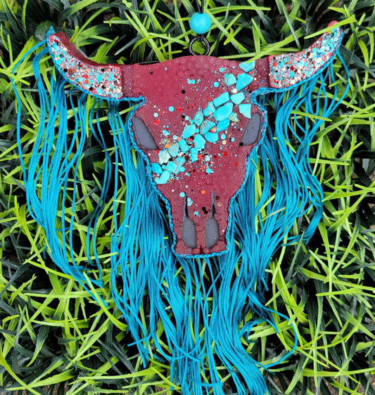 Turquoise Frindge Bull Skull Car Freshie