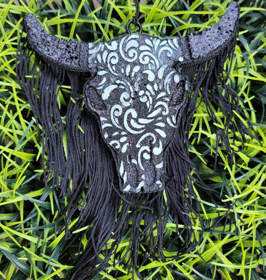 Tooled Bull Skull with Fringe